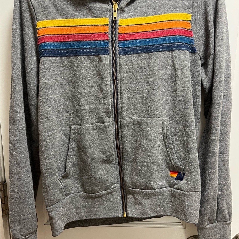 Gray Hoodie with Colorful Stripes